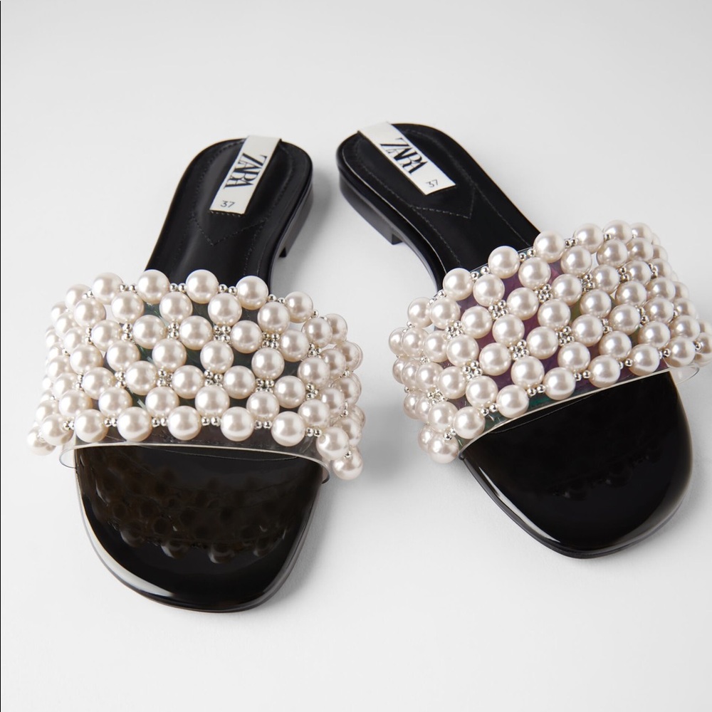 Zara TRF slide sandals with pearls NWT
